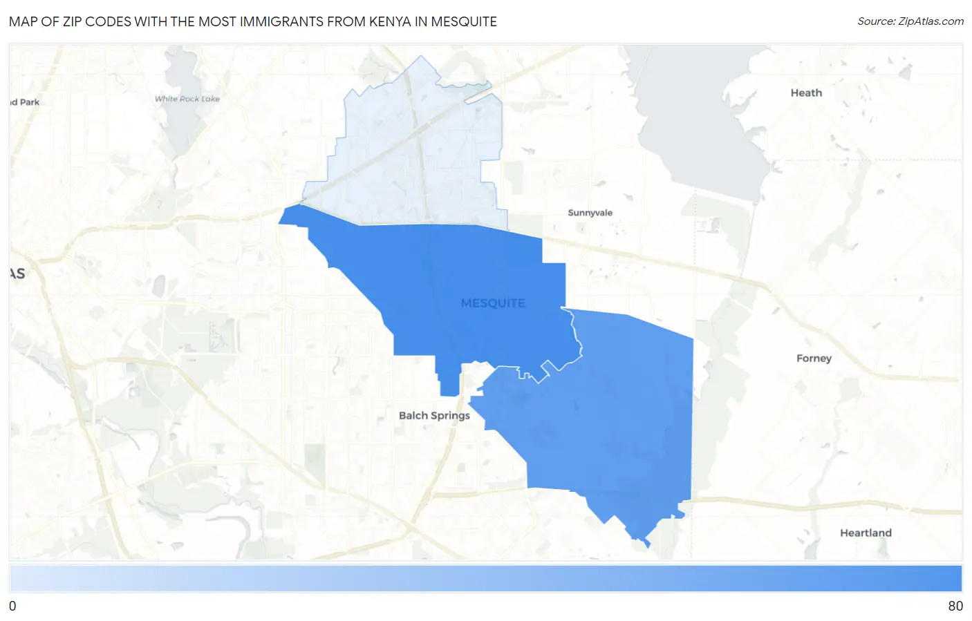 Zip Codes with the Most Immigrants from Kenya in Mesquite Map