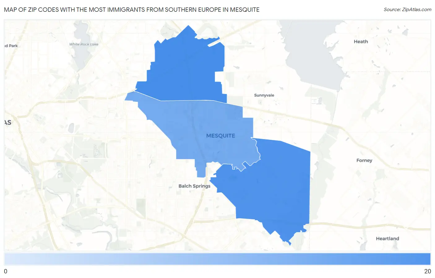Zip Codes with the Most Immigrants from Southern Europe in Mesquite Map