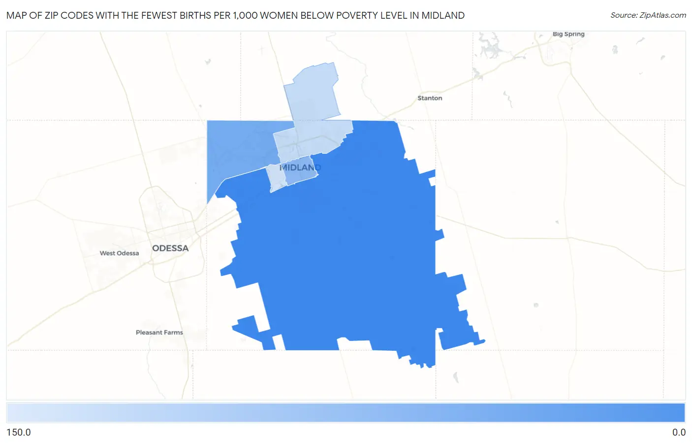 Zip Codes with the Fewest Births per 1,000 Women Below Poverty Level in Midland Map