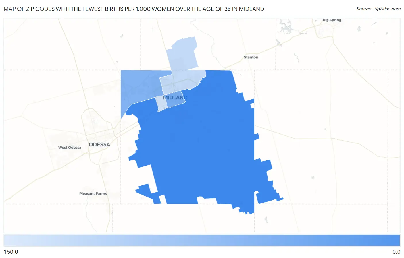 Zip Codes with the Fewest Births per 1,000 Women Over the Age of 35 in Midland Map