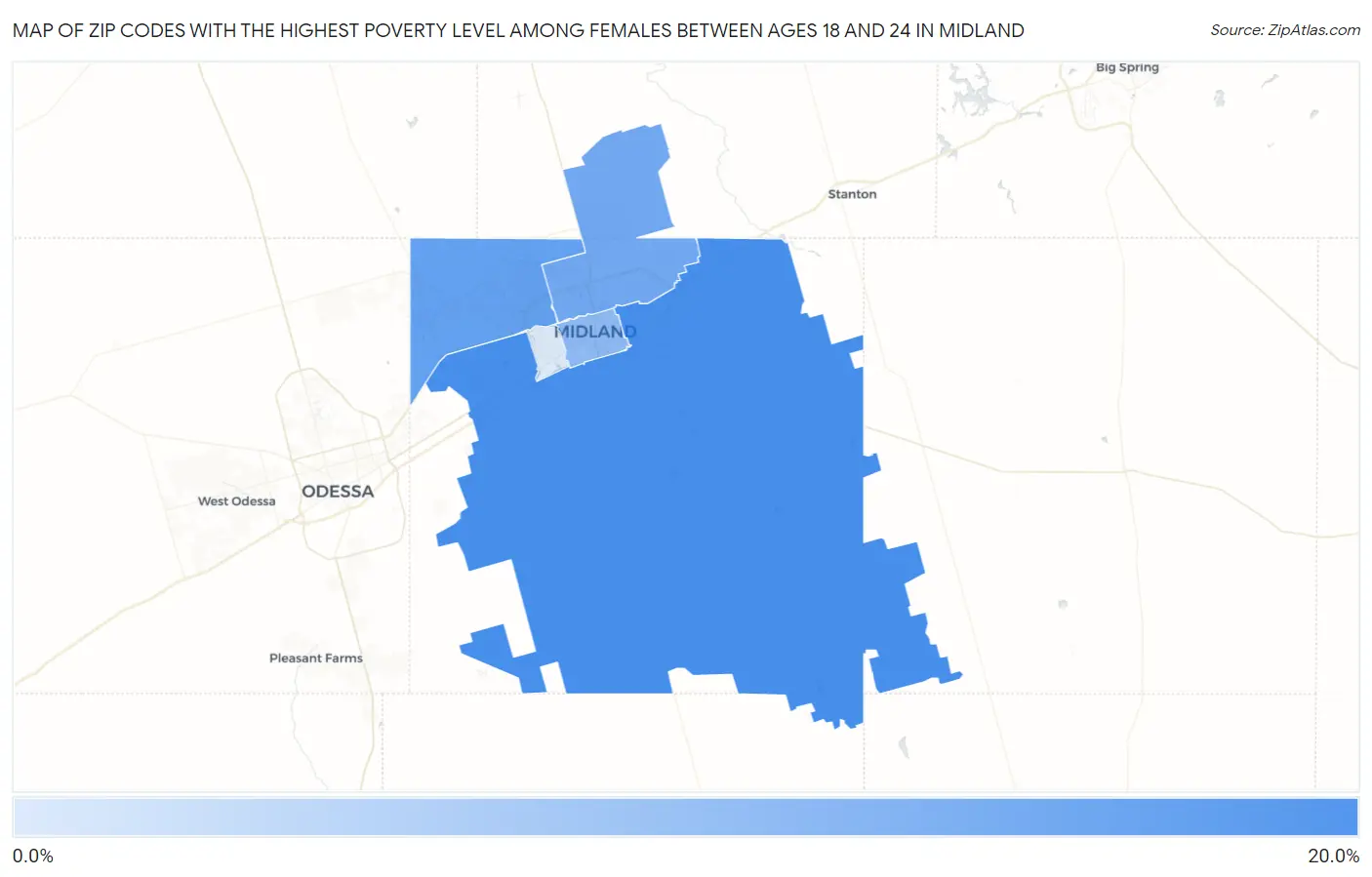 Zip Codes with the Highest Poverty Level Among Females Between Ages 18 and 24 in Midland Map