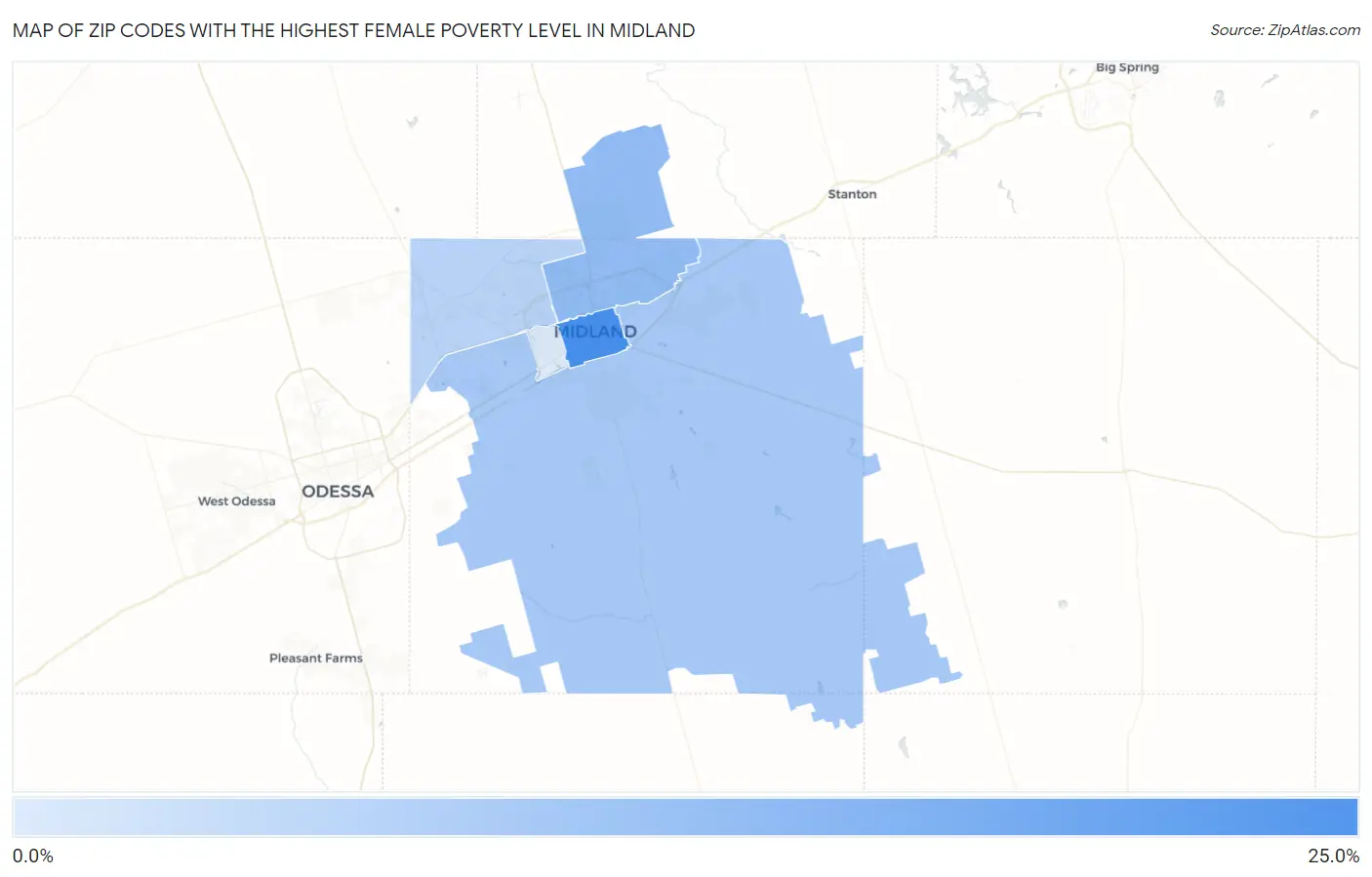 Zip Codes with the Highest Female Poverty Level in Midland Map