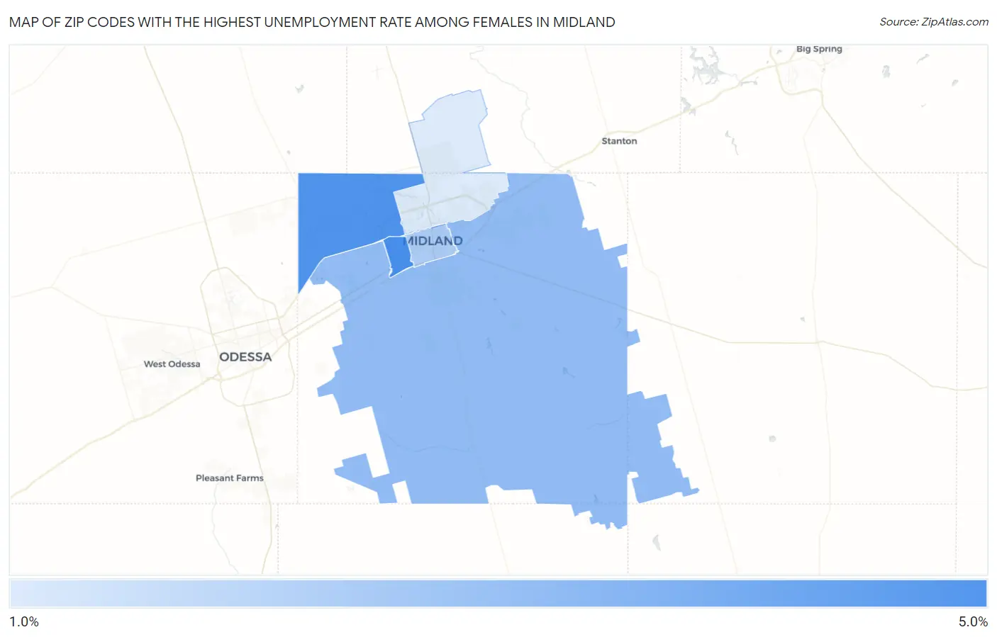 Zip Codes with the Highest Unemployment Rate Among Females in Midland Map