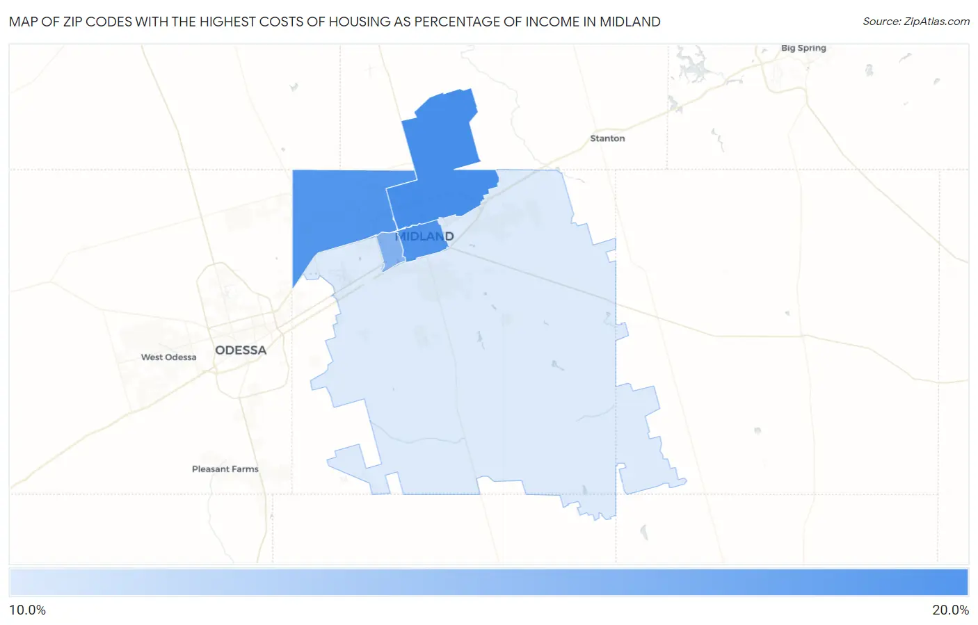 Zip Codes with the Highest Costs of Housing as Percentage of Income in Midland Map
