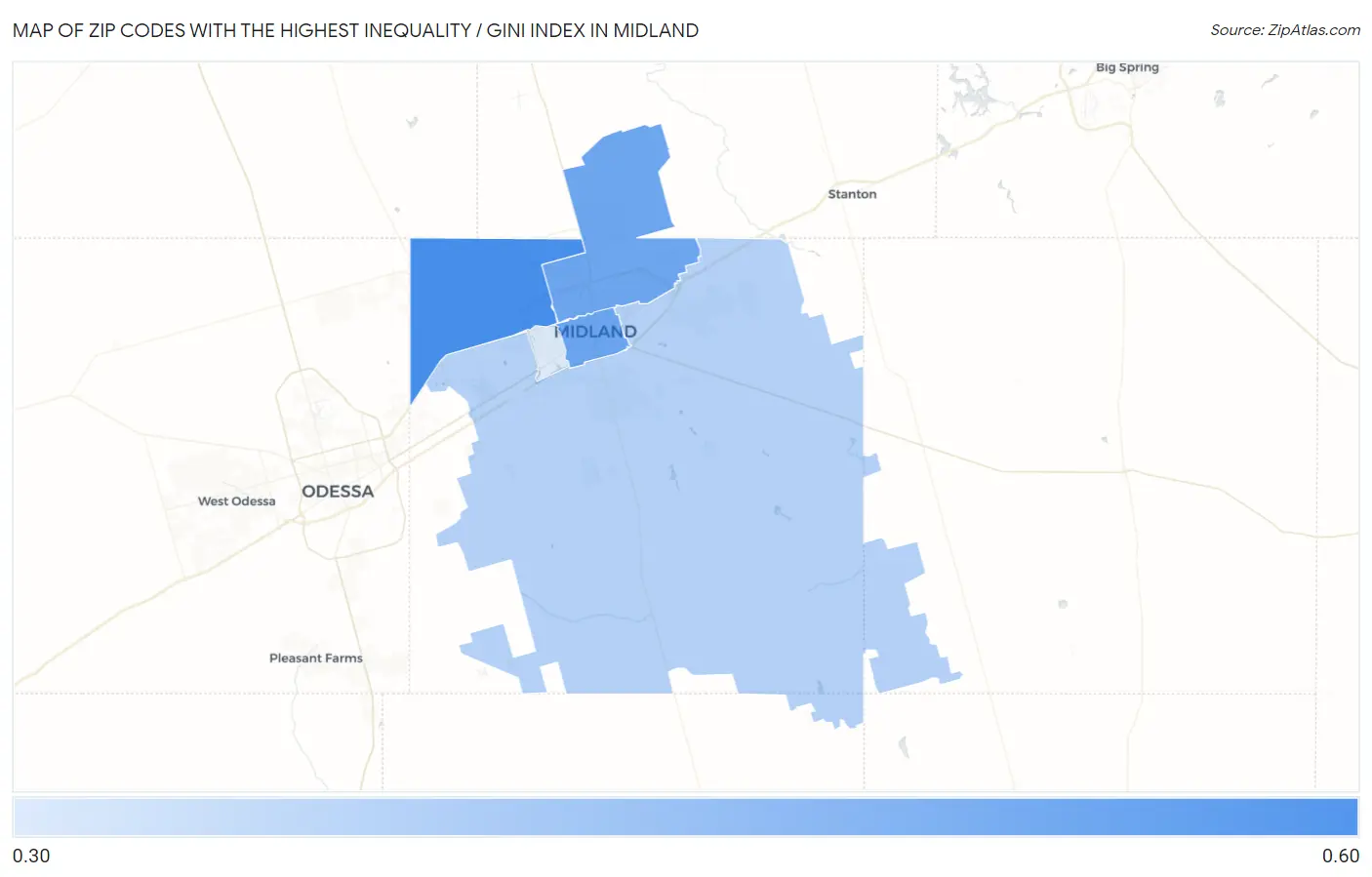 Zip Codes with the Highest Inequality / Gini Index in Midland Map