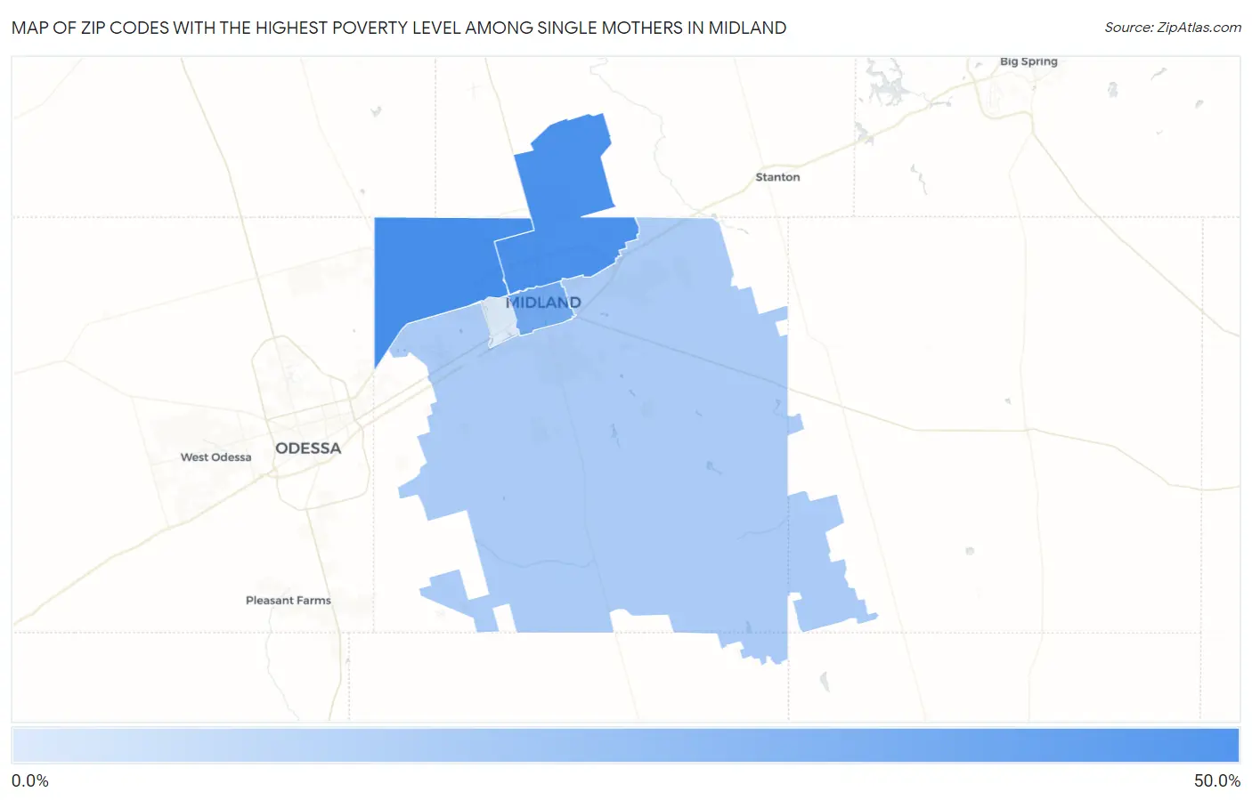 Zip Codes with the Highest Poverty Level Among Single Mothers in Midland Map