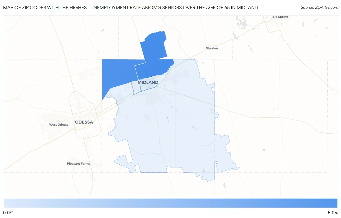 Zip Codes with the Highest Unemployment Rate Amomg Seniors Over the Age of 65 in Midland Map