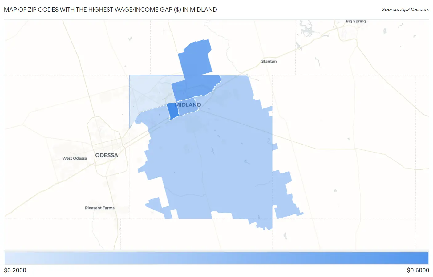 Zip Codes with the Highest Wage/Income Gap ($) in Midland Map