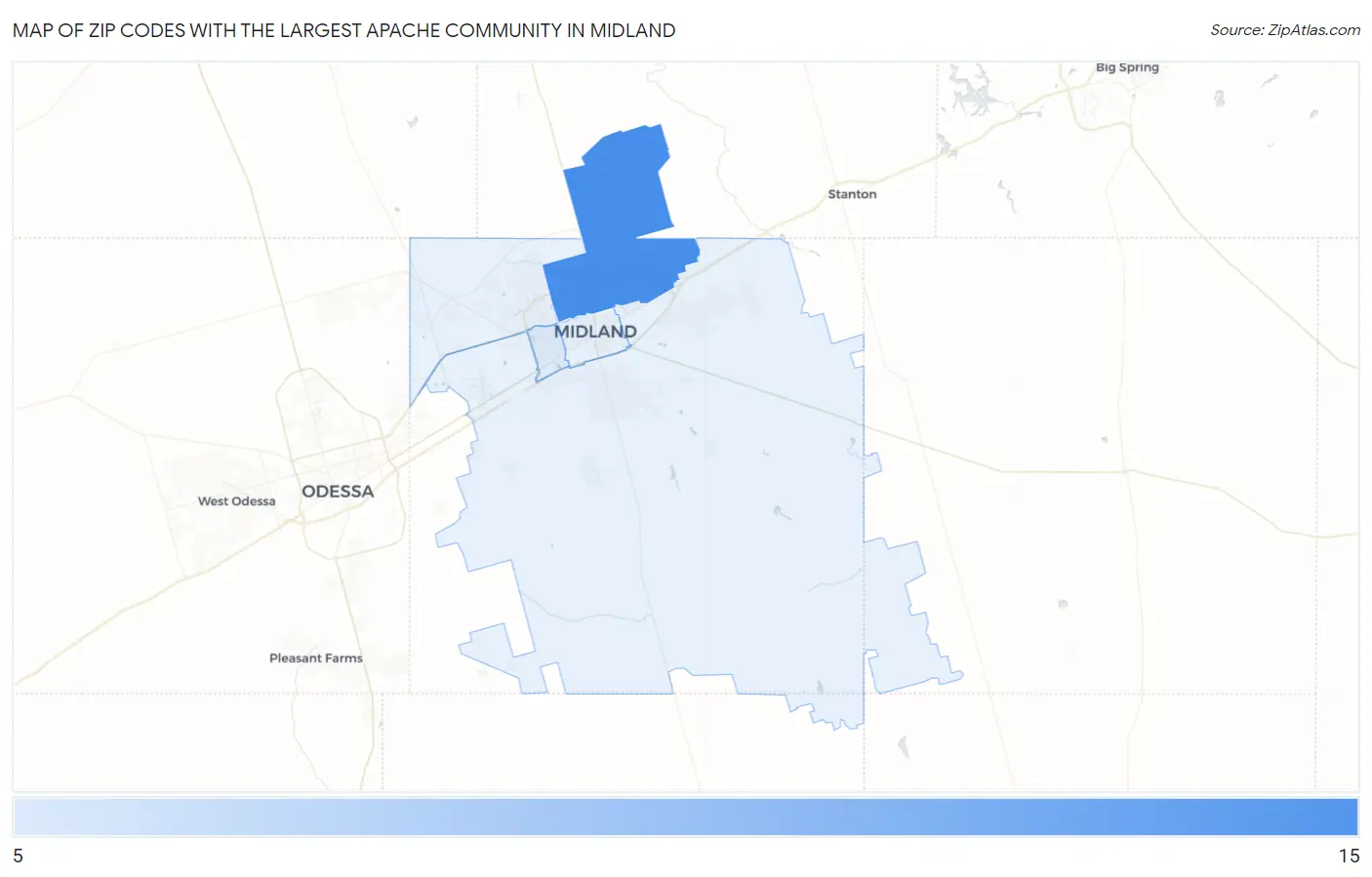 Zip Codes with the Largest Apache Community in Midland Map