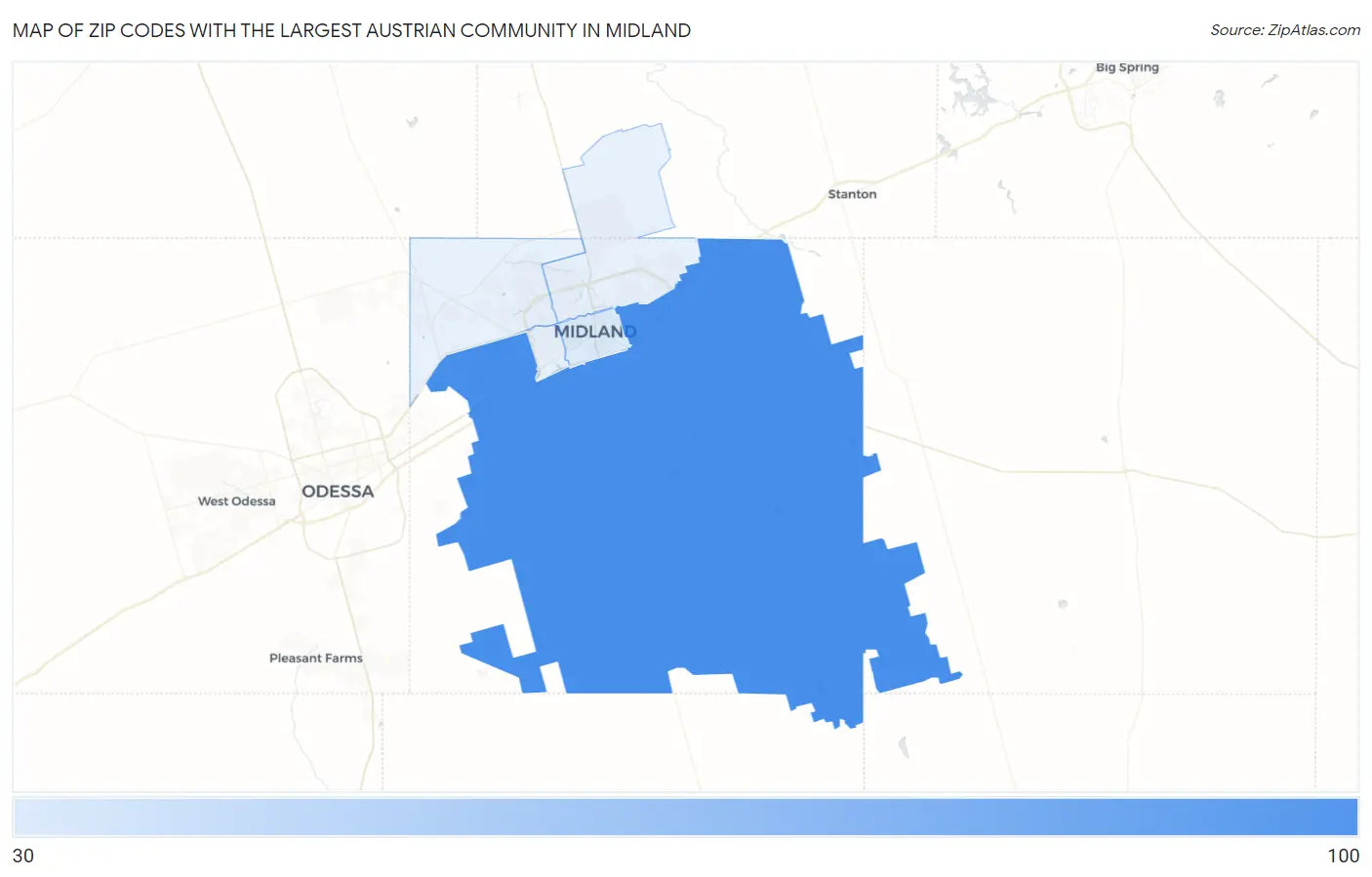 Zip Codes with the Largest Austrian Community in Midland Map