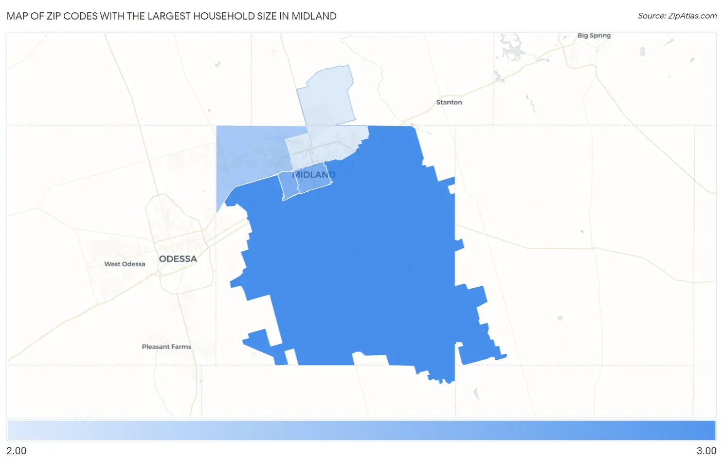Zip Codes with the Largest Household Size in Midland Map
