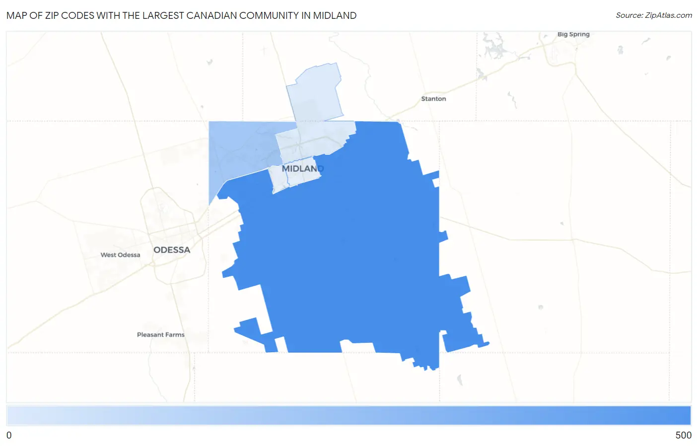 Zip Codes with the Largest Canadian Community in Midland Map
