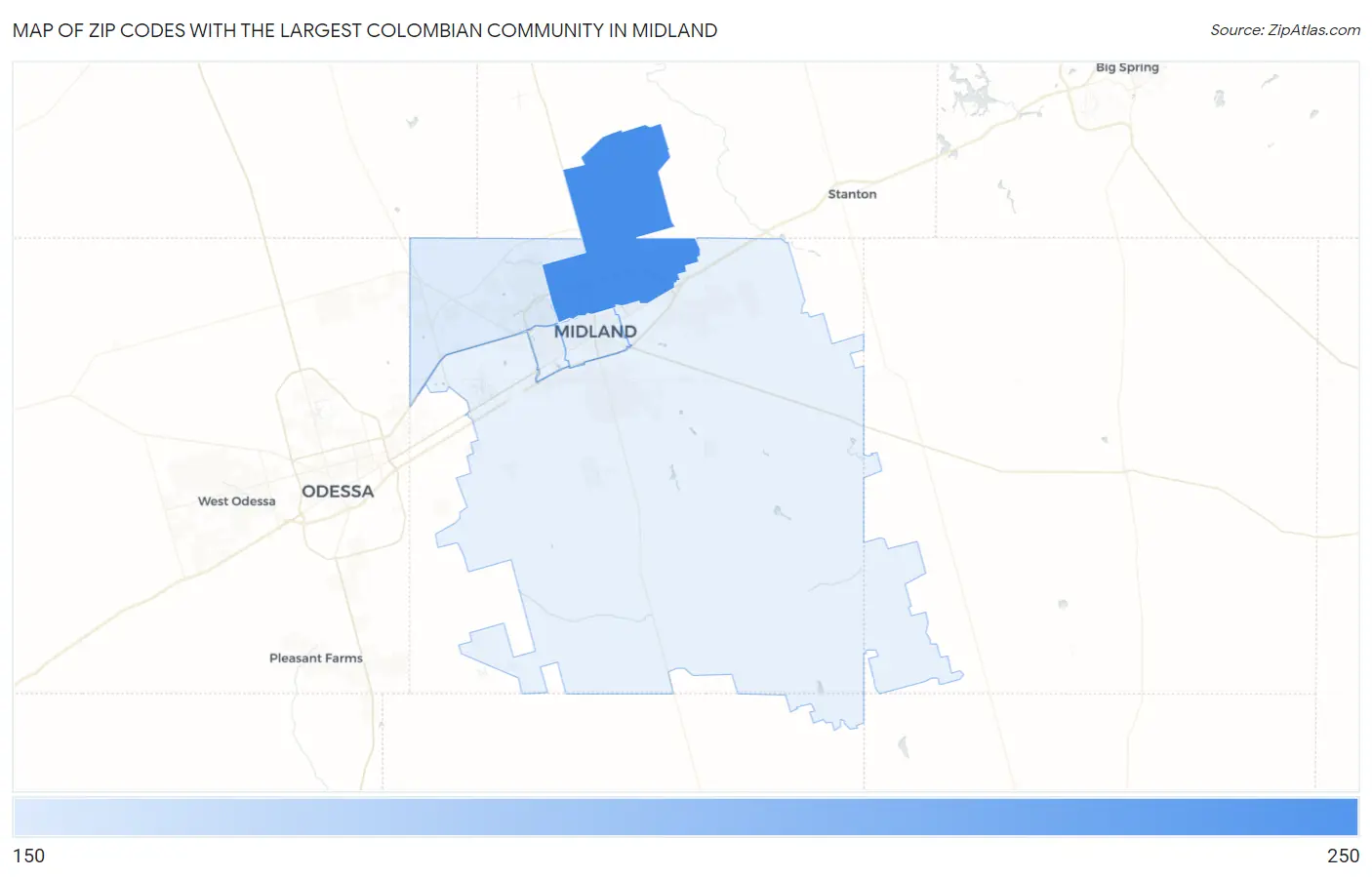 Zip Codes with the Largest Colombian Community in Midland Map