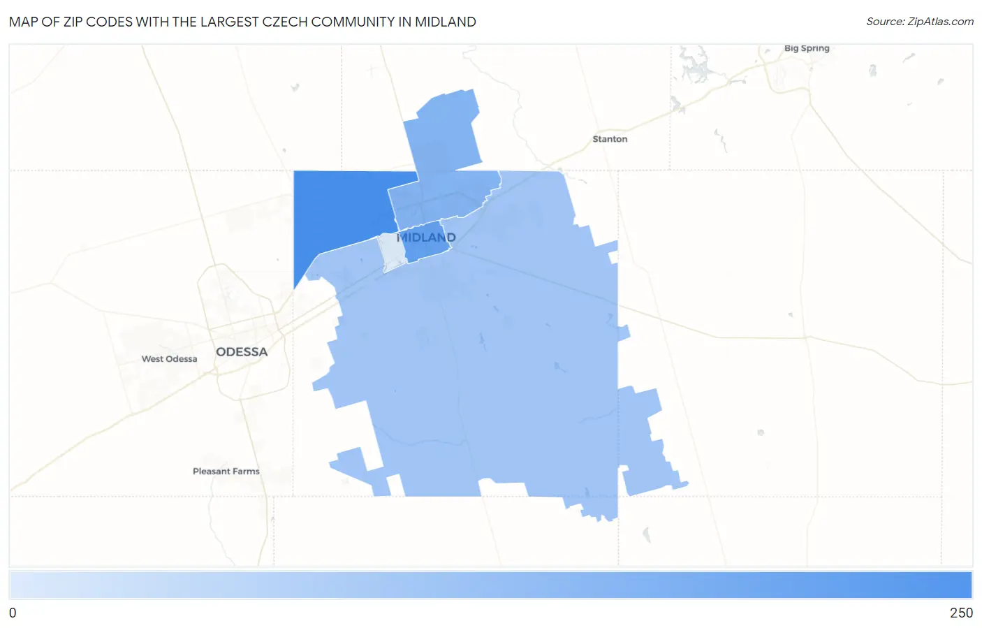 Zip Codes with the Largest Czech Community in Midland Map