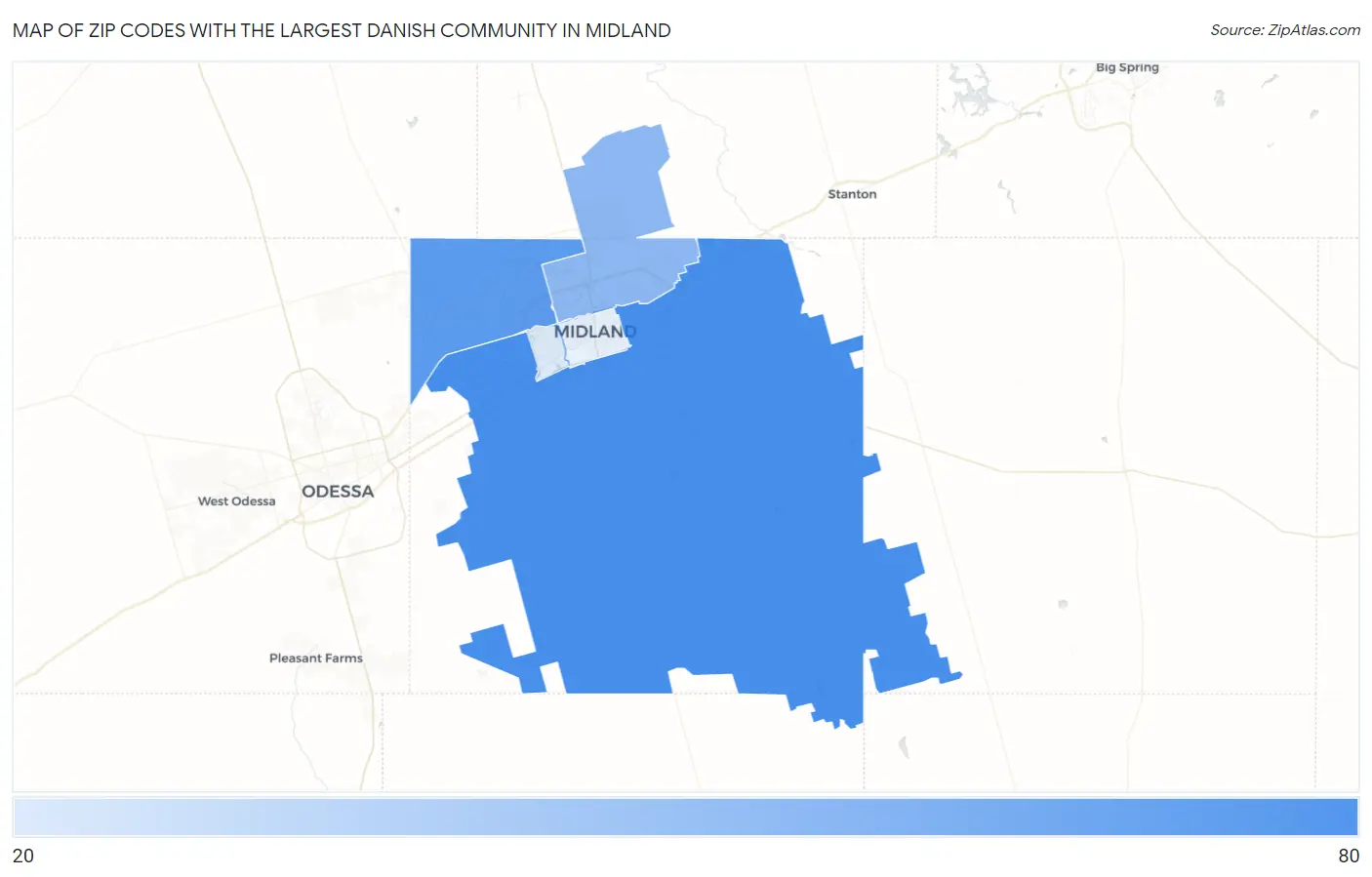 Zip Codes with the Largest Danish Community in Midland Map