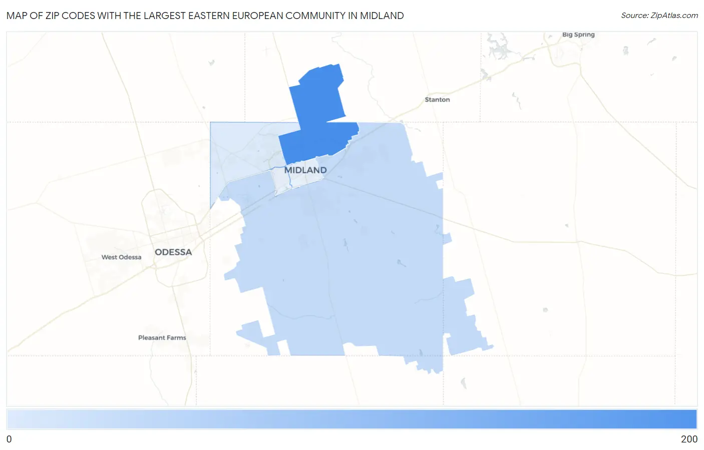 Zip Codes with the Largest Eastern European Community in Midland Map