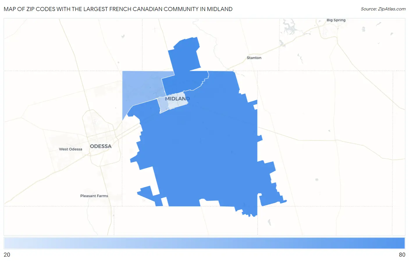Zip Codes with the Largest French Canadian Community in Midland Map