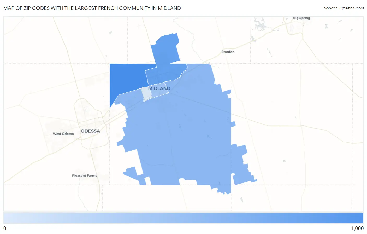 Zip Codes with the Largest French Community in Midland Map