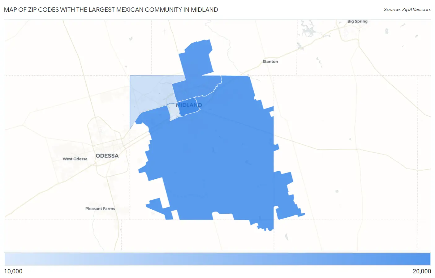 Zip Codes with the Largest Mexican Community in Midland Map