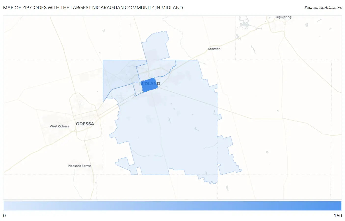 Zip Codes with the Largest Nicaraguan Community in Midland Map