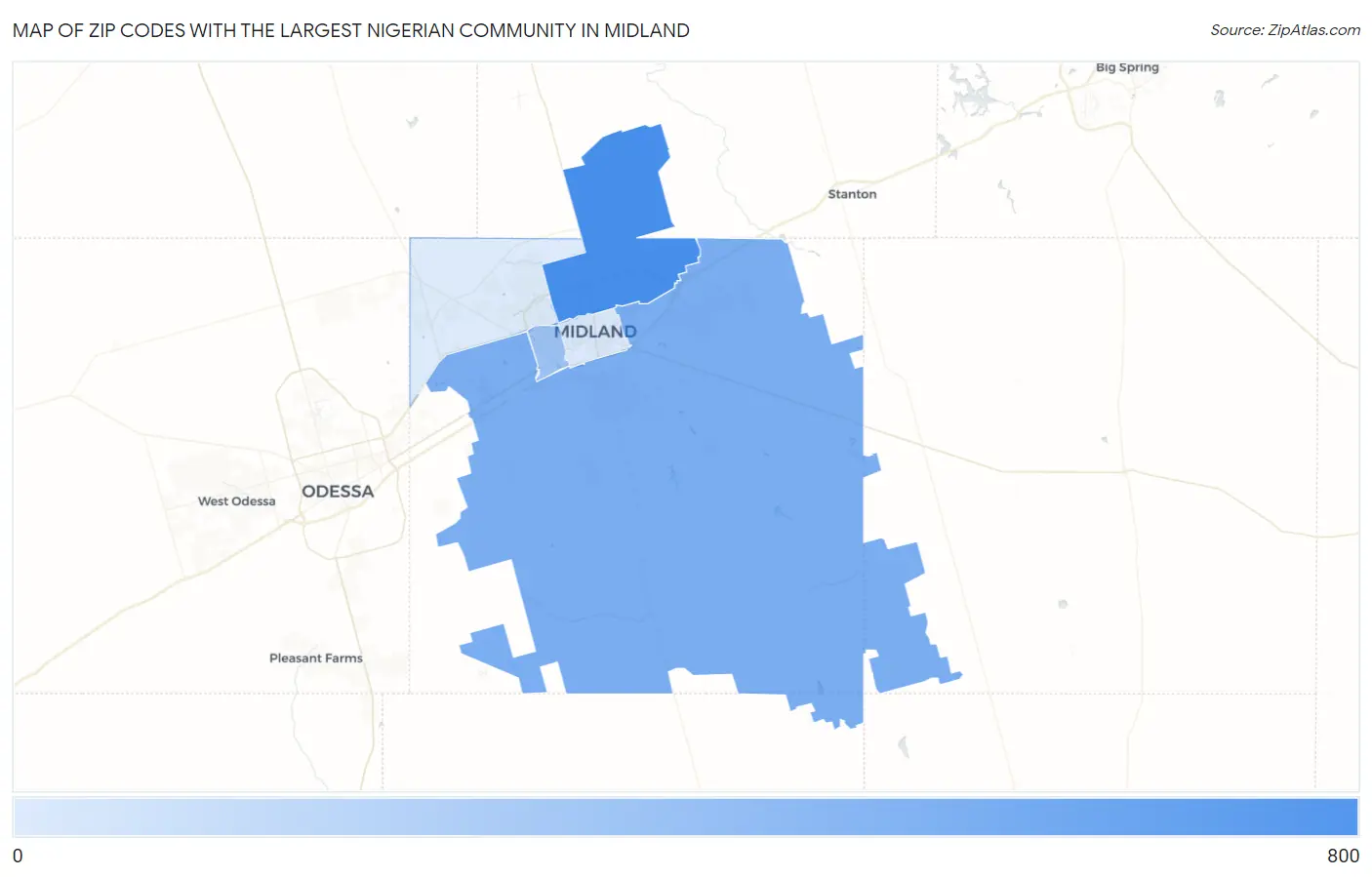 Zip Codes with the Largest Nigerian Community in Midland Map