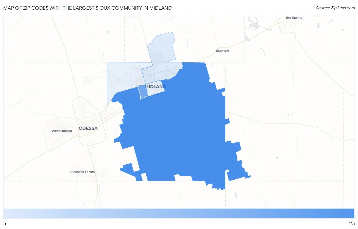 Zip Codes with the Largest Sioux Community in Midland Map