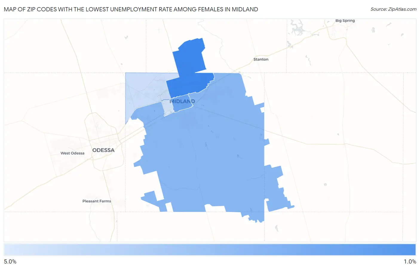 Zip Codes with the Lowest Unemployment Rate Among Females in Midland Map