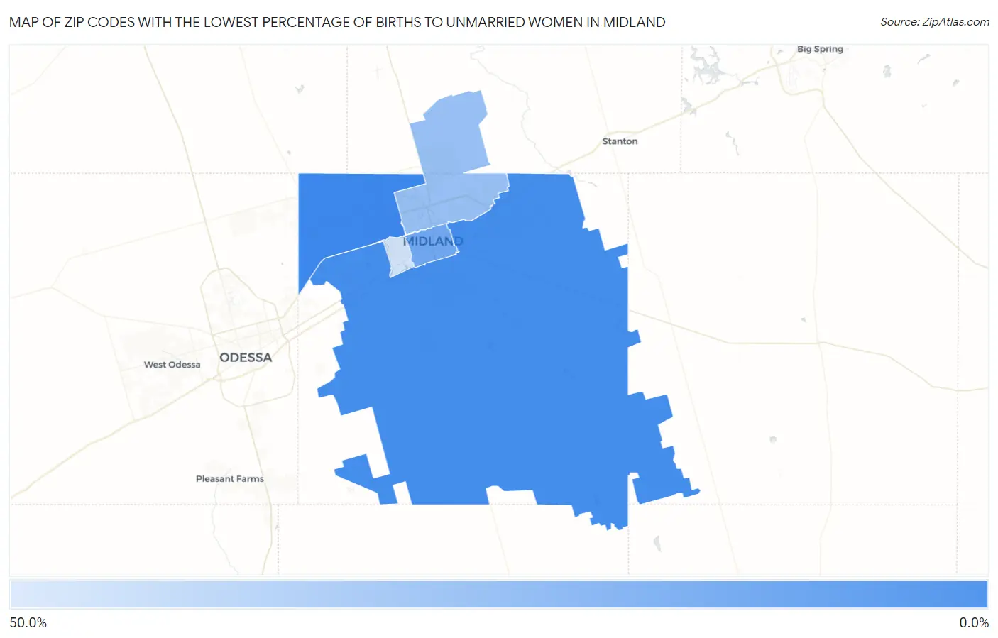 Zip Codes with the Lowest Percentage of Births to Unmarried Women in Midland Map