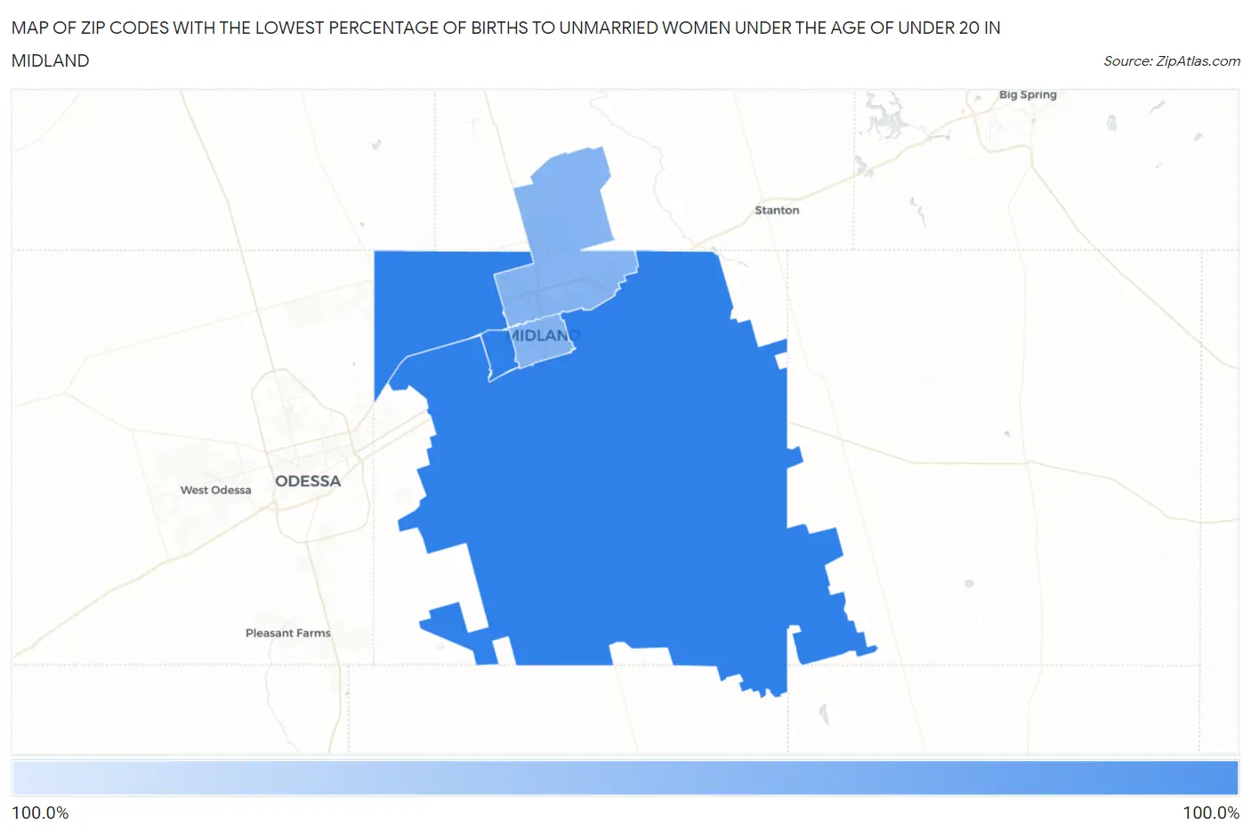 Zip Codes with the Lowest Percentage of Births to Unmarried Women under the Age of under 20 in Midland Map