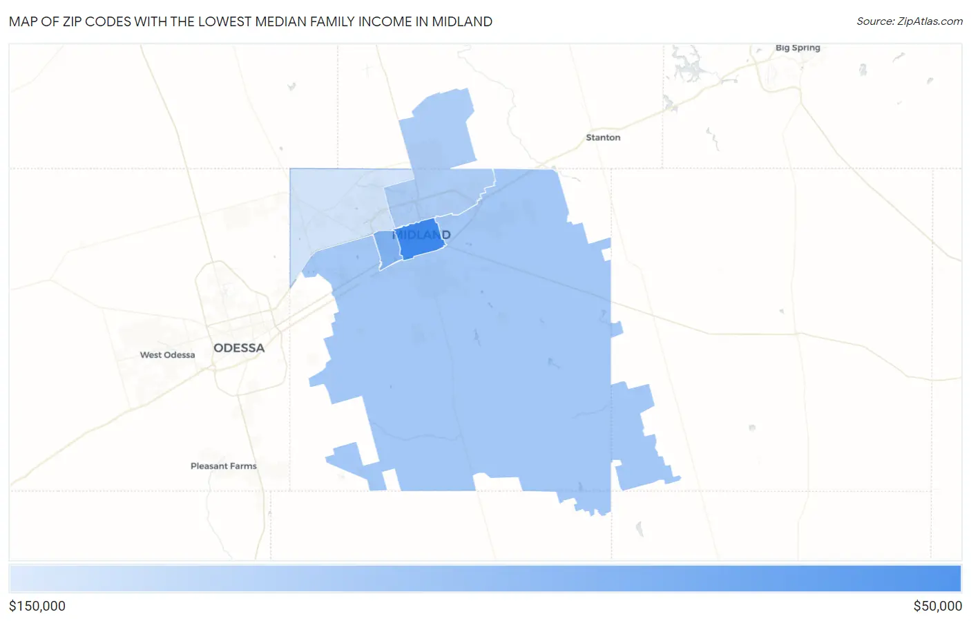 Zip Codes with the Lowest Median Family Income in Midland Map