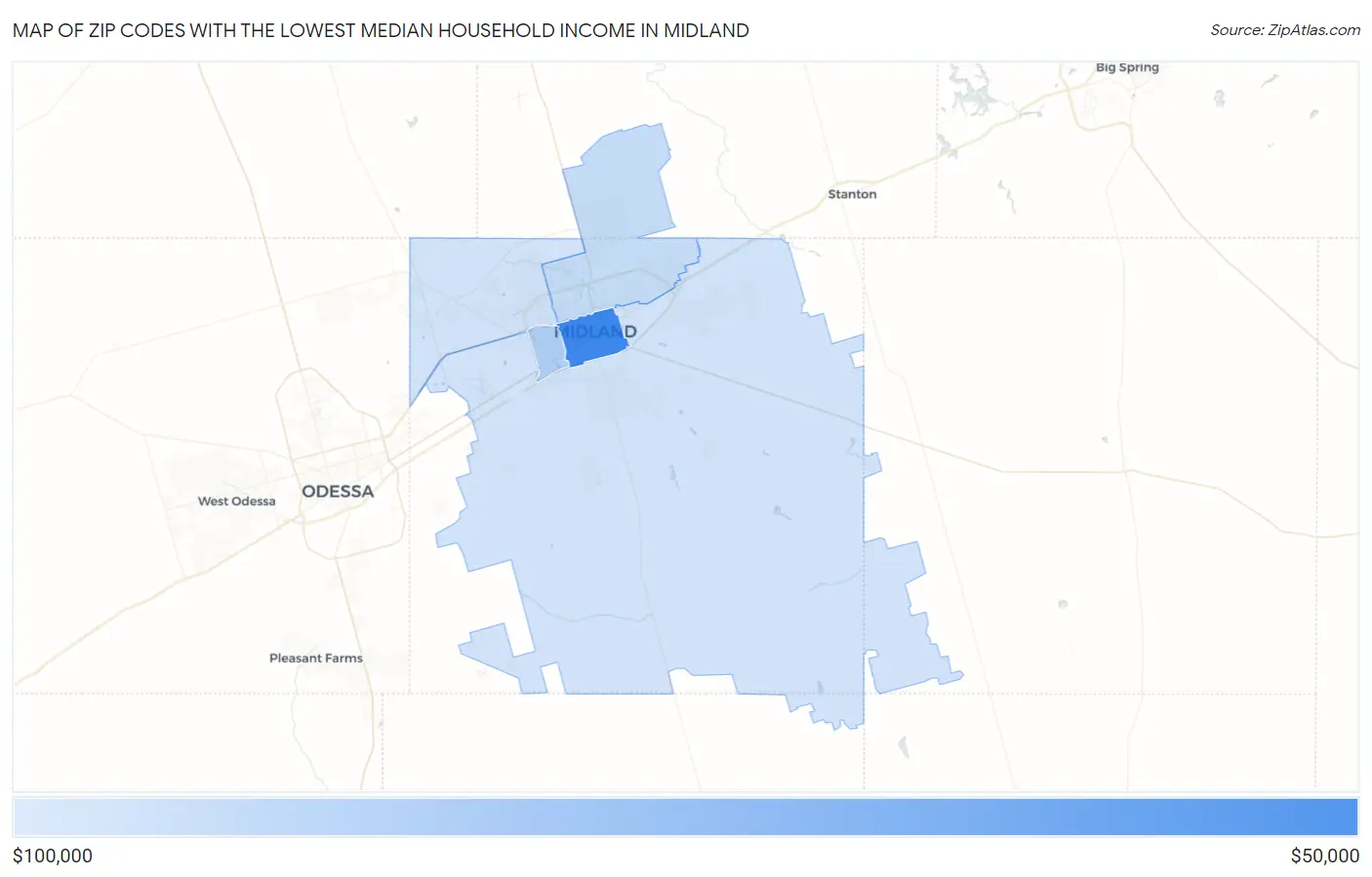 Zip Codes with the Lowest Median Household Income in Midland Map