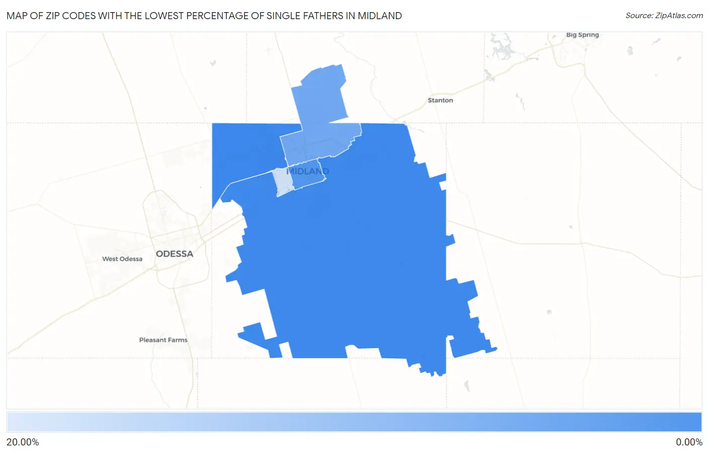 Zip Codes with the Lowest Percentage of Single Fathers in Midland Map