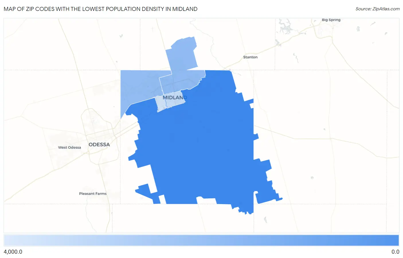 Zip Codes with the Lowest Population Density in Midland Map