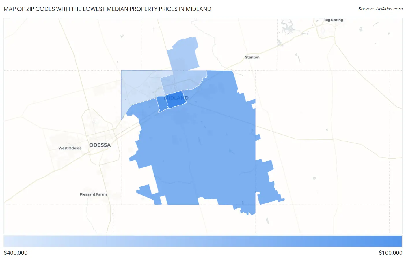 Zip Codes with the Lowest Median Property Prices in Midland Map