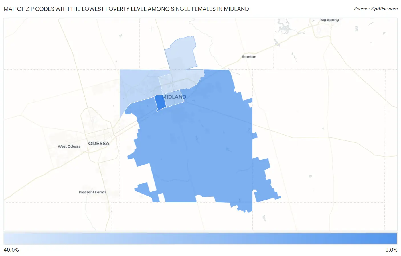 Zip Codes with the Lowest Poverty Level Among Single Females in Midland Map