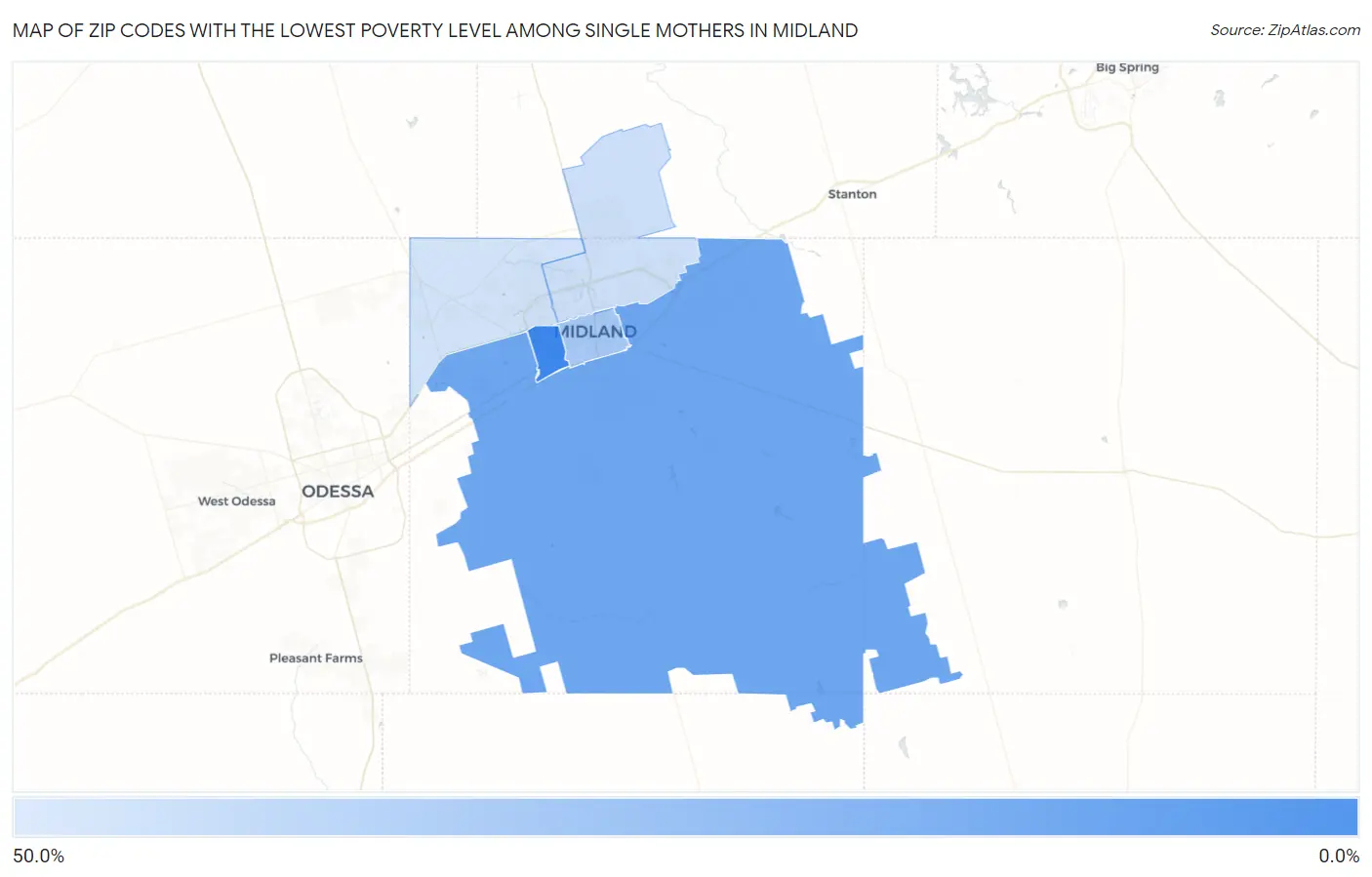 Zip Codes with the Lowest Poverty Level Among Single Mothers in Midland Map