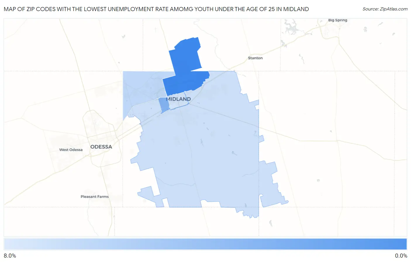 Zip Codes with the Lowest Unemployment Rate Amomg Youth Under the Age of 25 in Midland Map