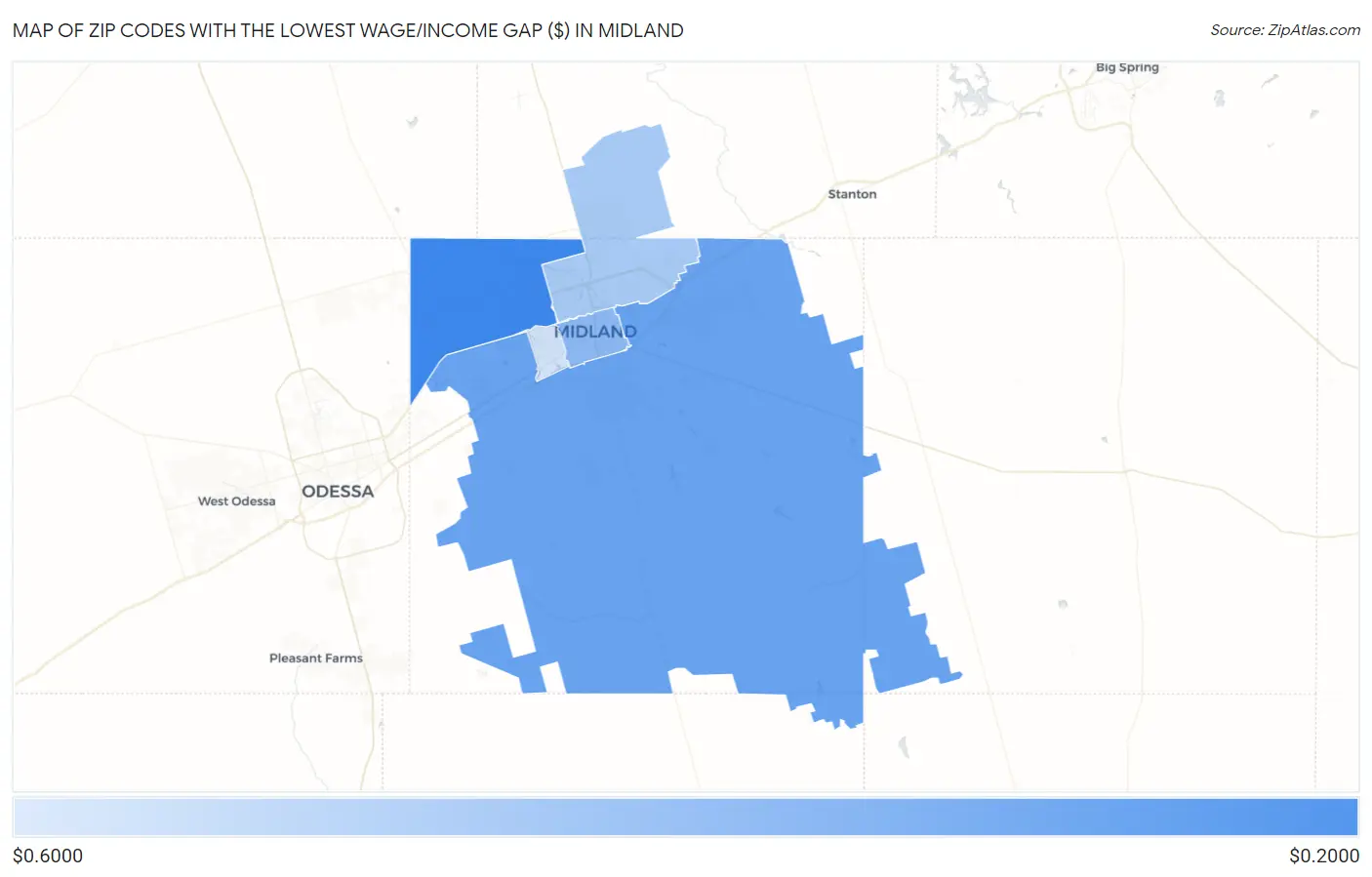 Zip Codes with the Lowest Wage/Income Gap ($) in Midland Map
