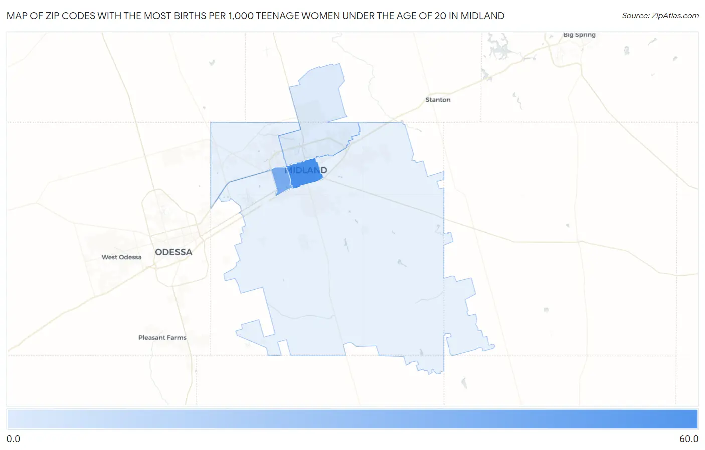 Zip Codes with the Most Births per 1,000 Teenage Women Under the Age of 20 in Midland Map