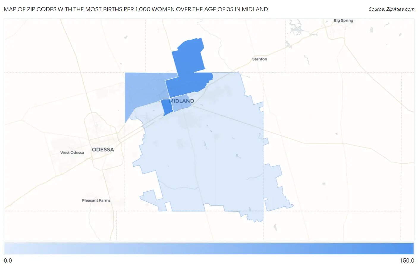 Zip Codes with the Most Births per 1,000 Women Over the Age of 35 in Midland Map