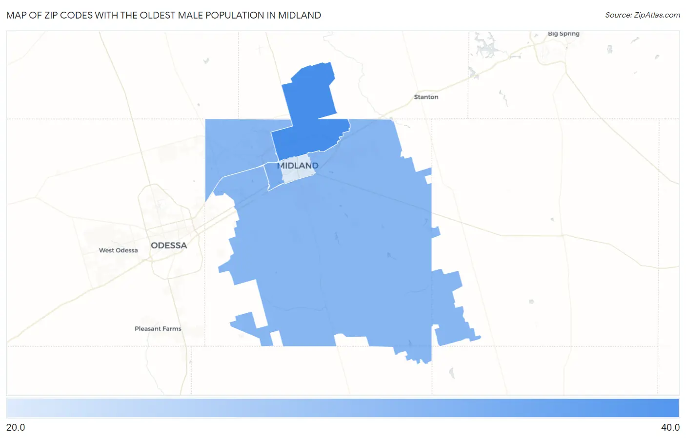 Zip Codes with the Oldest Male Population in Midland Map