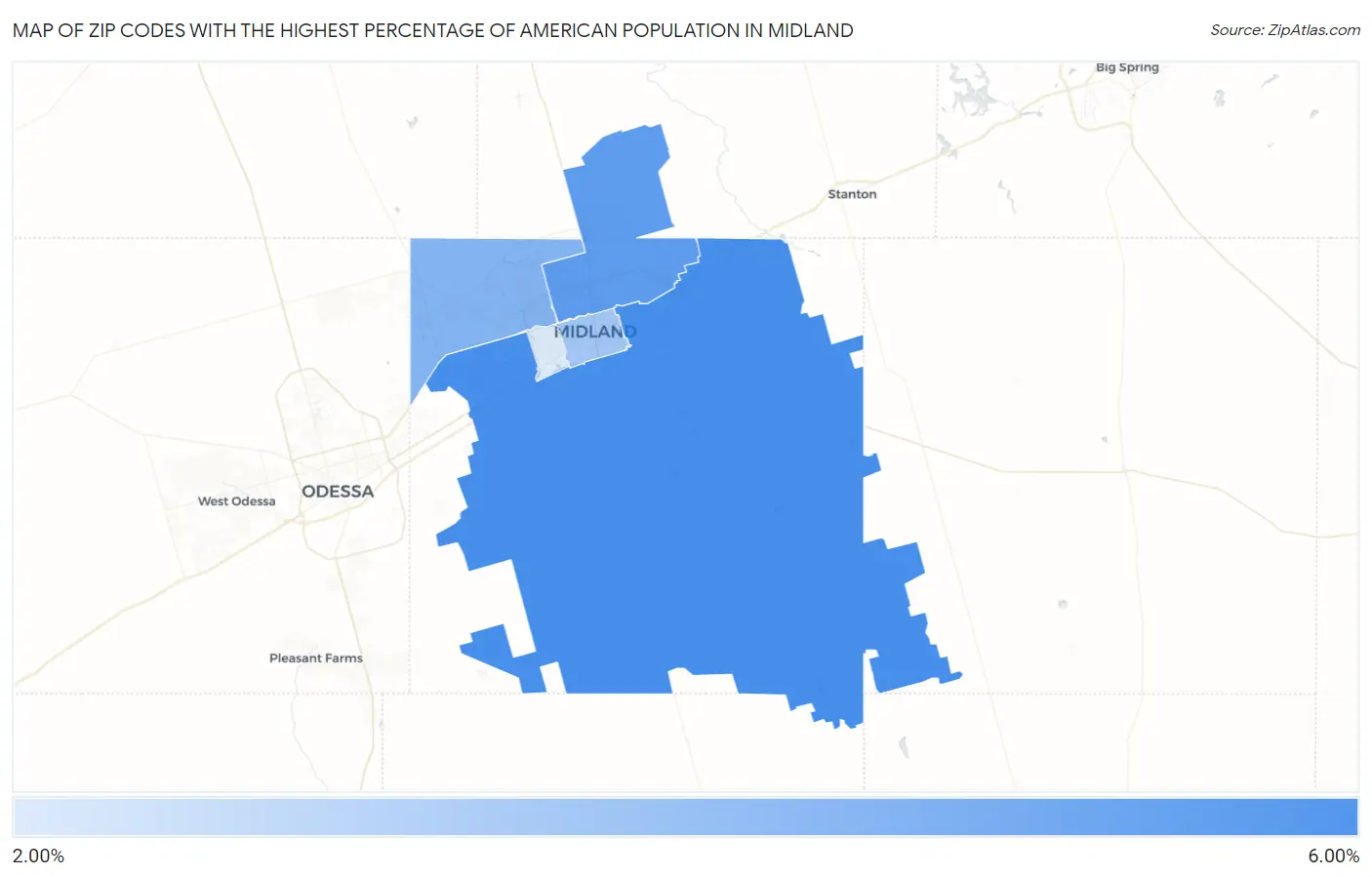 Zip Codes with the Highest Percentage of American Population in Midland Map
