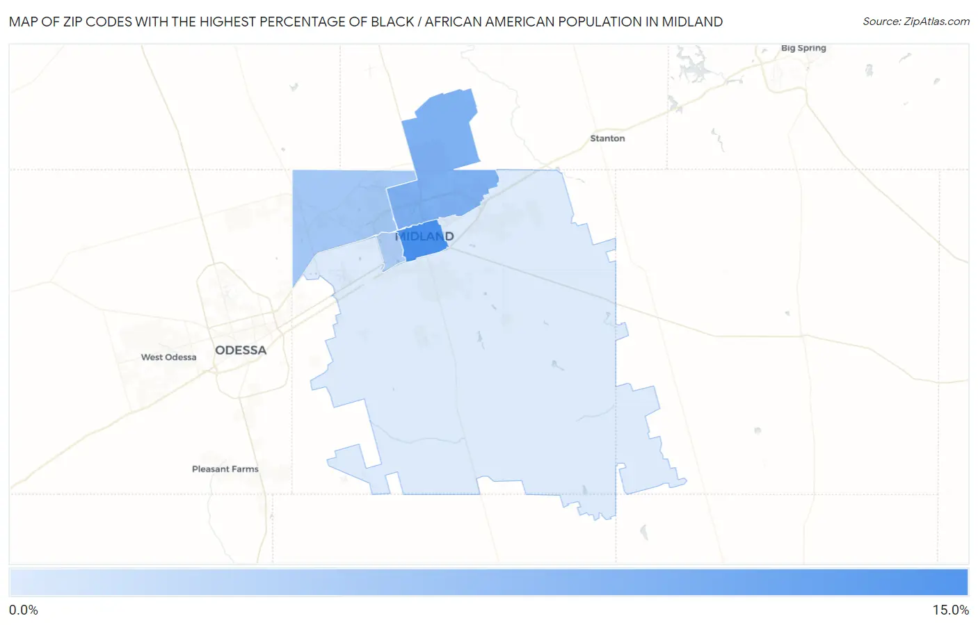 Zip Codes with the Highest Percentage of Black / African American Population in Midland Map