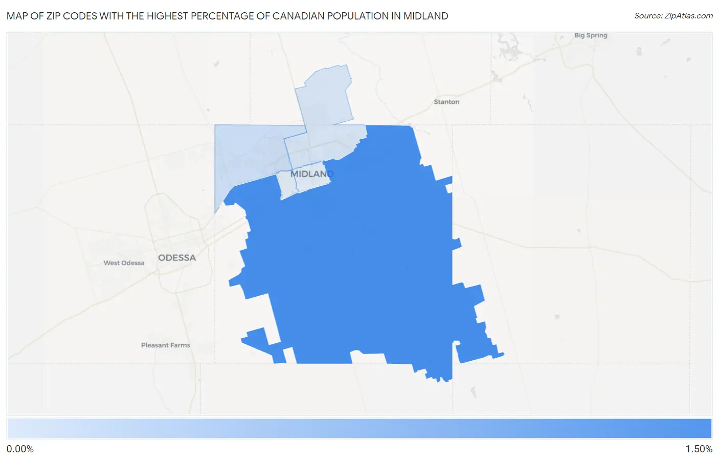 Zip Codes with the Highest Percentage of Canadian Population in Midland Map