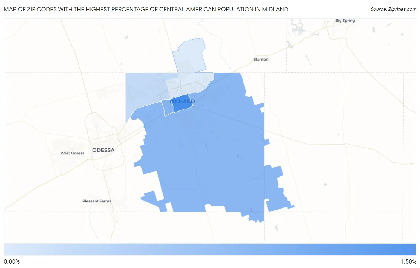Zip Codes with the Highest Percentage of Central American Population in Midland Map
