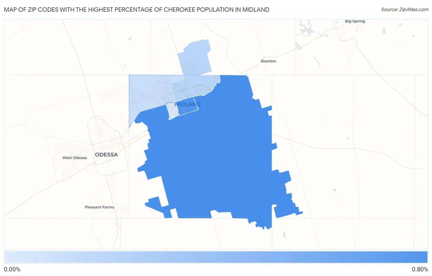 Zip Codes with the Highest Percentage of Cherokee Population in Midland Map