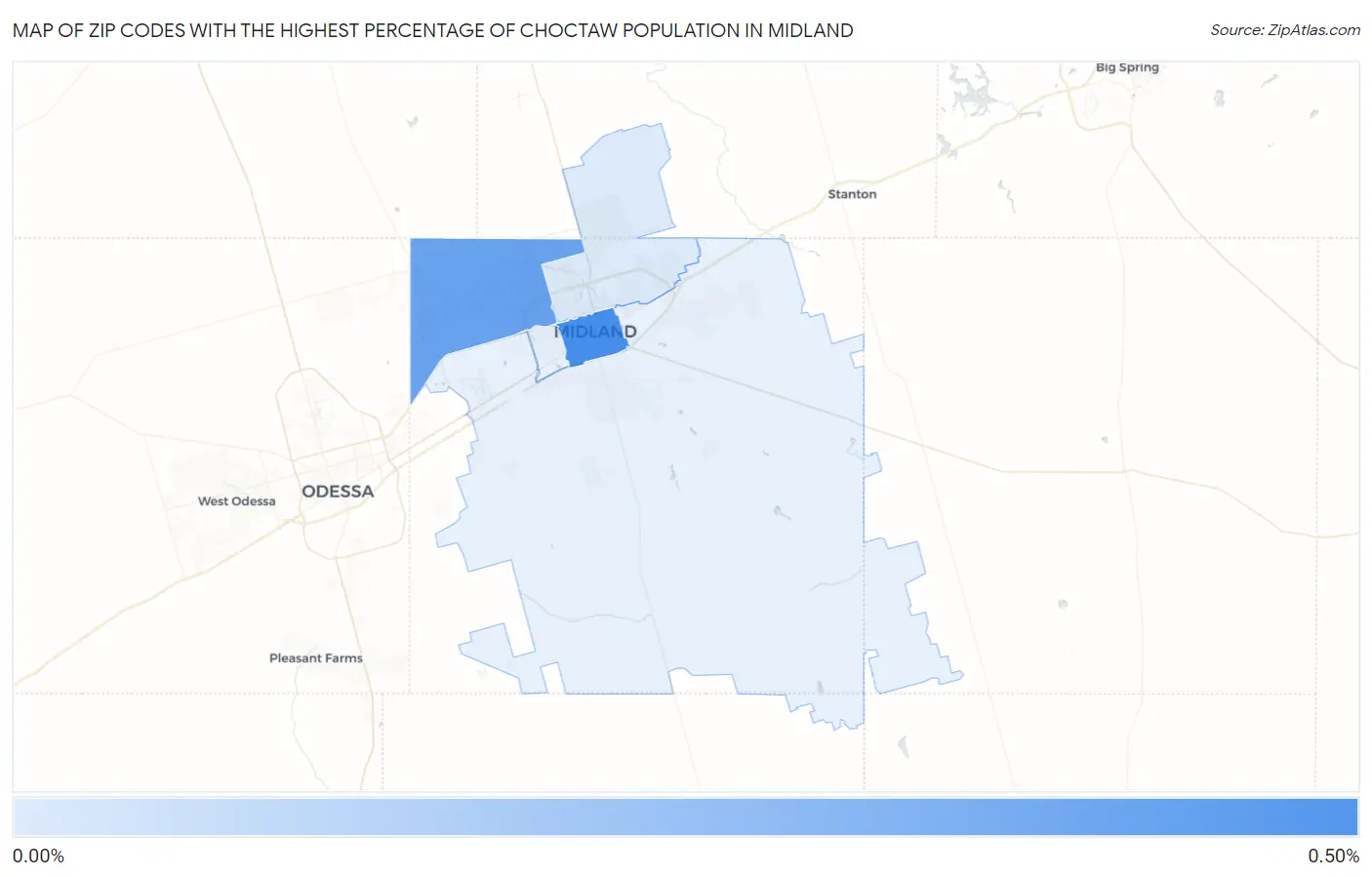 Zip Codes with the Highest Percentage of Choctaw Population in Midland Map