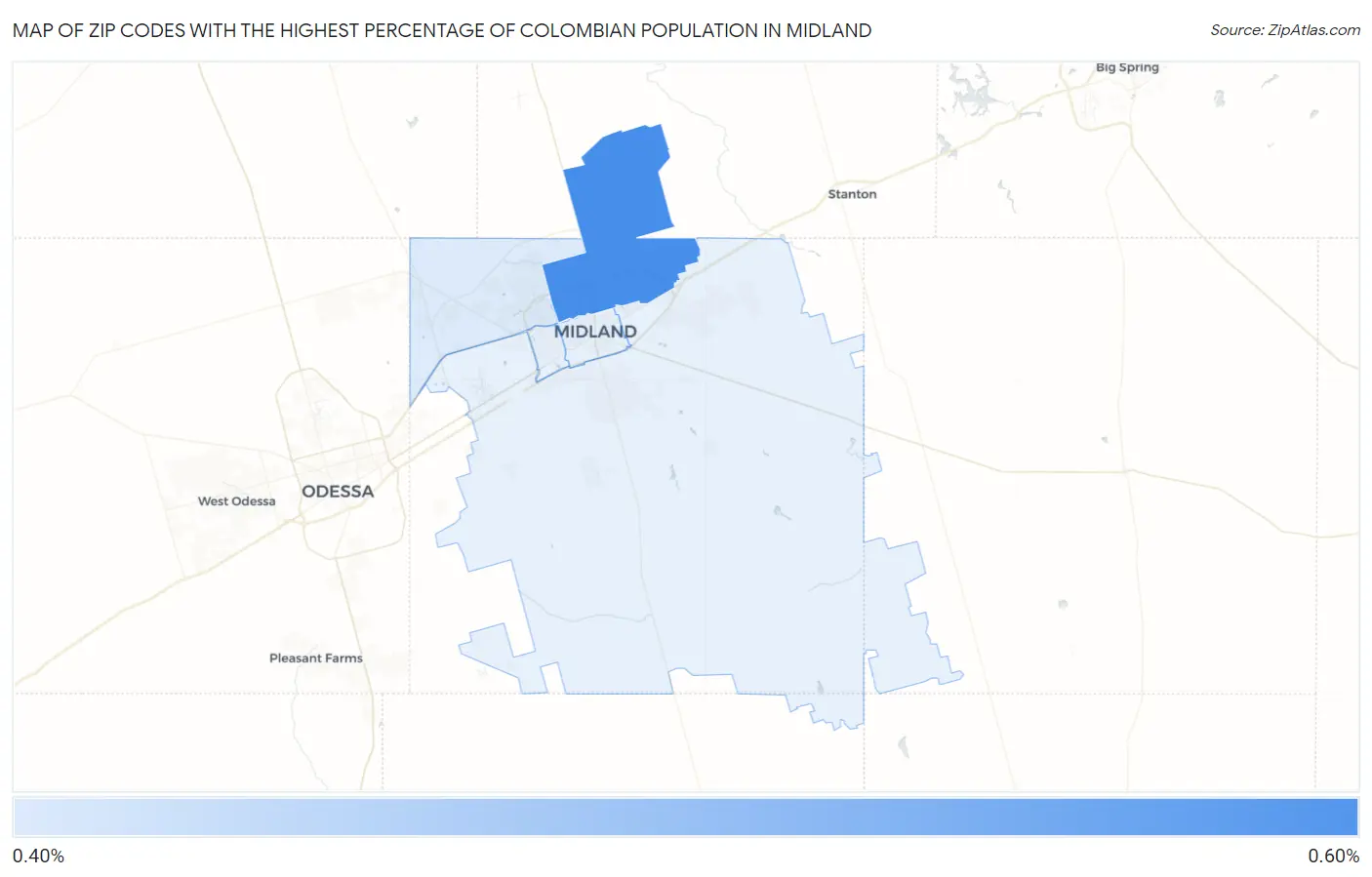 Zip Codes with the Highest Percentage of Colombian Population in Midland Map