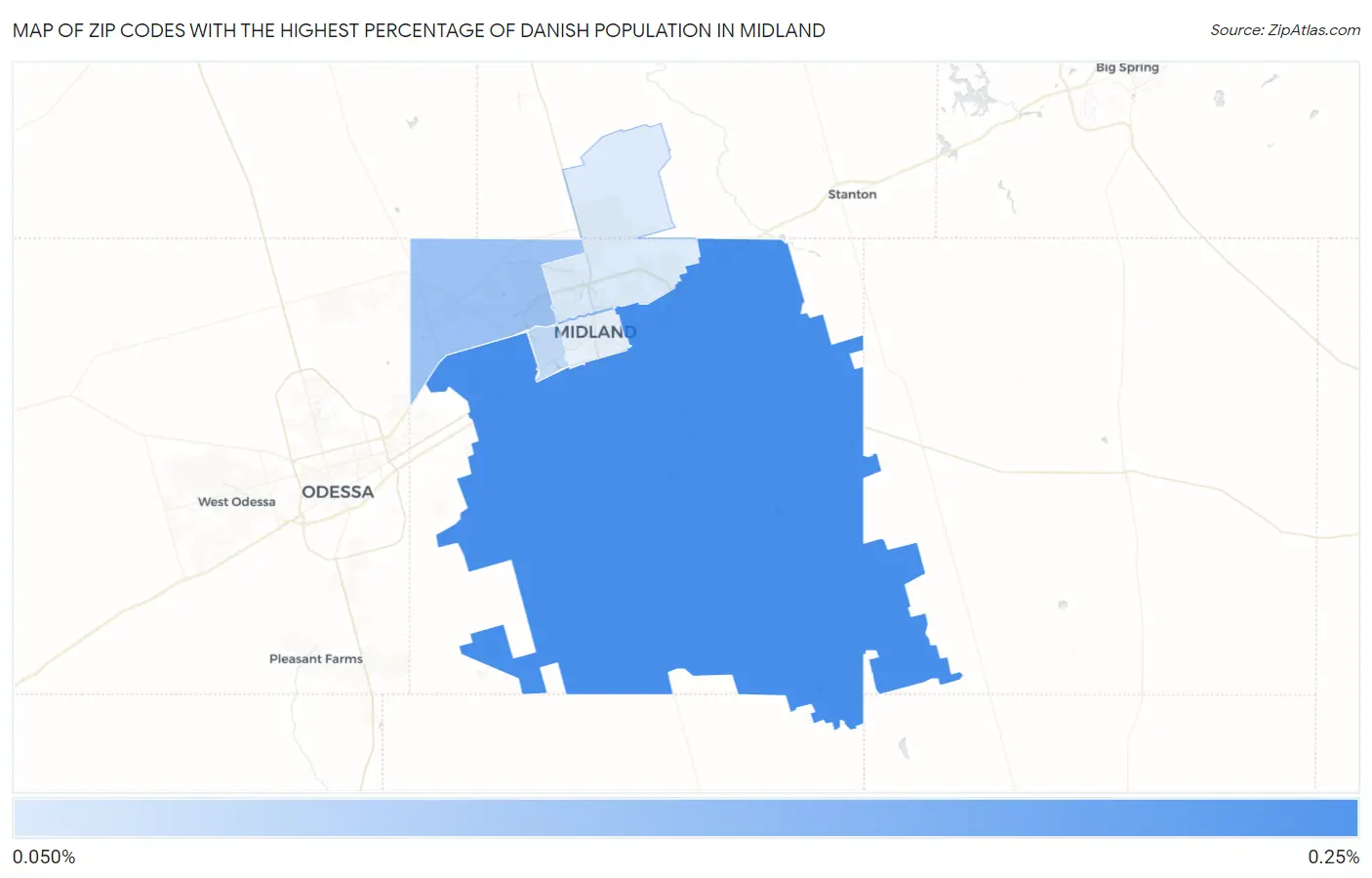 Zip Codes with the Highest Percentage of Danish Population in Midland Map