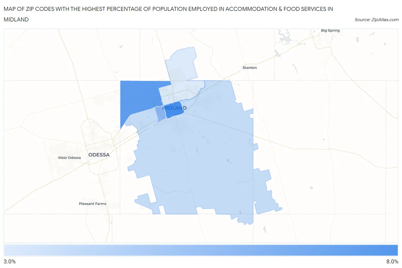 Zip Codes with the Highest Percentage of Population Employed in Accommodation & Food Services in Midland Map